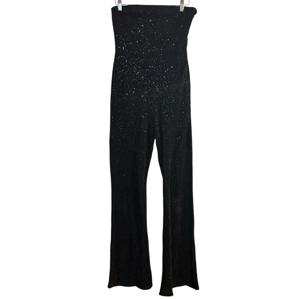NEW‎ Wid Fable full glitter & sequin flare leg jumpsuit convertable straps Small